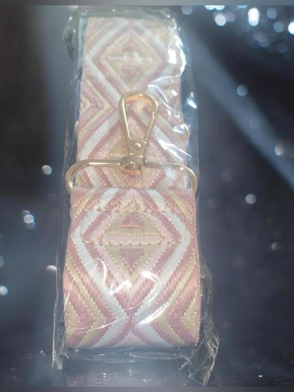 Pink Geometric Woven Bag Strap with Gold Hardware